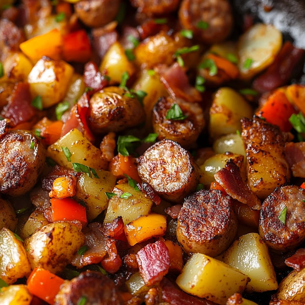 Bacon and sausage potato skillet with crispy pieces and golden potatoes