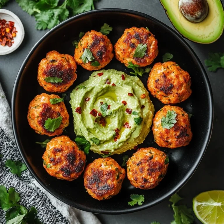 Baked salmon meatballs served with avocado sauce on a plate