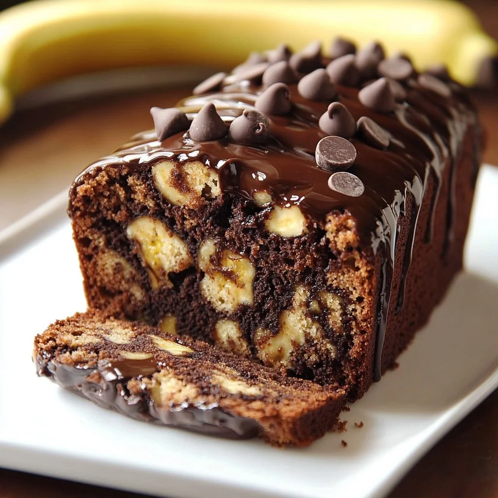 Sliced Banana Chocolate Peanut Butter Bread on a wooden board