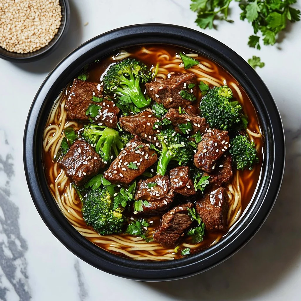 A flavorful plate of Beef and Broccoli Lo Mein with fresh vegetables and tender beef.