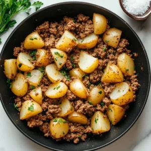 A hearty Beef and Potatoes Skillet full of tender beef chunks and golden potatoes