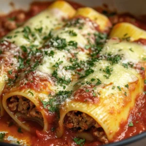 Delicious Beef and Spinach Cannelloni topped with cheese and herbs