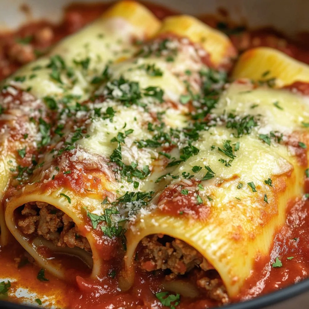 Delicious Beef and Spinach Cannelloni topped with cheese and herbs