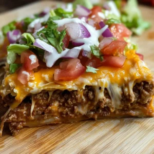 Delicious beef enchilada bake topped with melted cheese and fresh ingredients