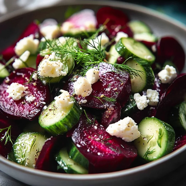 Fresh Beet Feta Salad with cucumbers and dill on a white plate