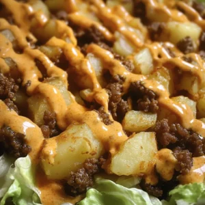 Big Mac Tater Tot Bake topped with cheese and lettuce in a baking dish