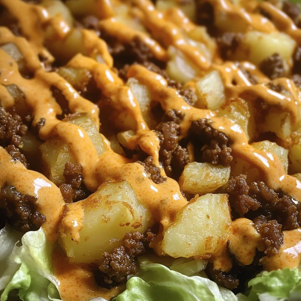 Big Mac Tater Tot Bake topped with cheese and lettuce in a baking dish