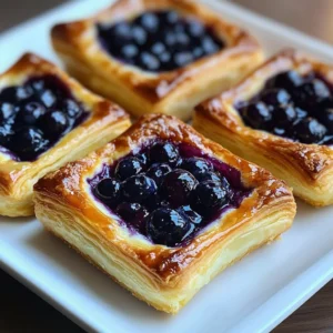 Delicious Blueberry Cream Cheese Danish pastry topped with fresh blueberries.