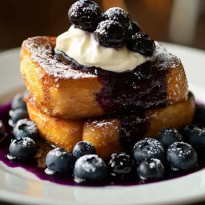 Blueberry French Toast topped with cream cheese and fresh blueberries
