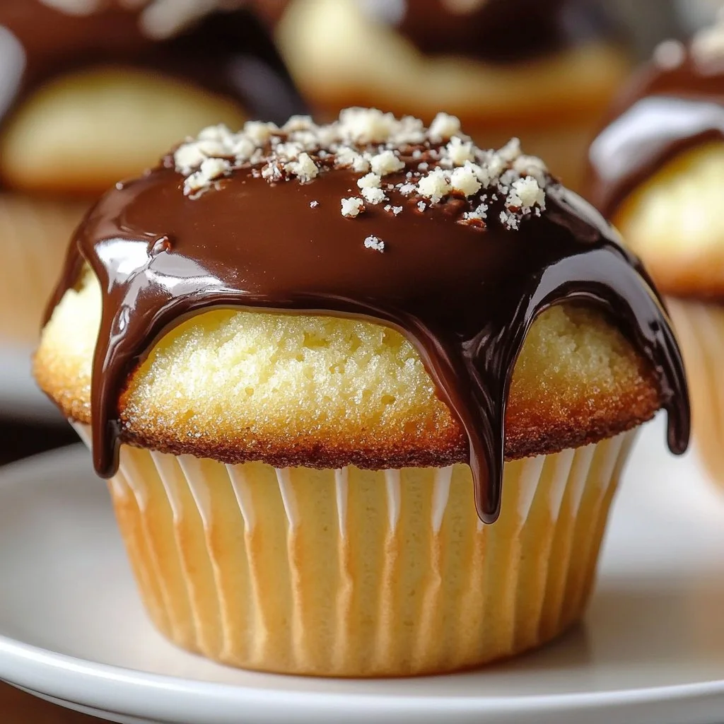 Delicious Boston Cream Cupcake topped with chocolate and filled with creamy custard