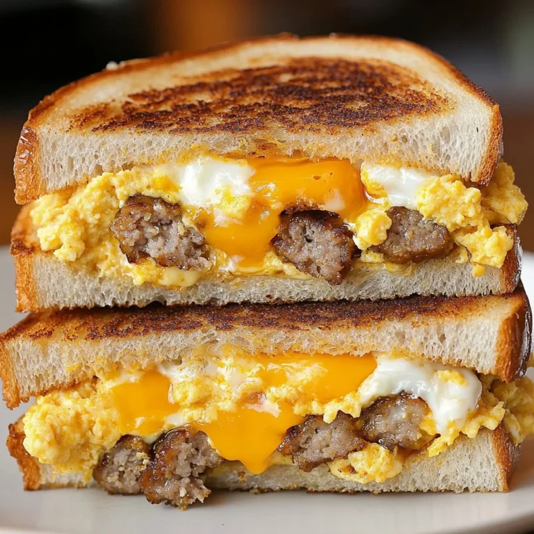 Breakfast grilled cheese sandwich with eggs, melted cheese, and crispy bread.