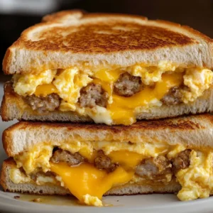 Breakfast grilled cheese sandwich with eggs cooked to perfection
