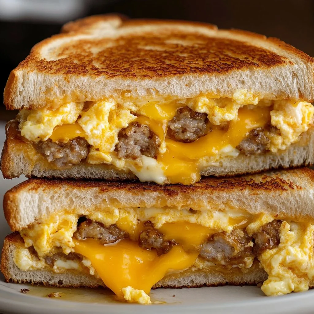 Breakfast grilled cheese sandwich with eggs cooked to perfection