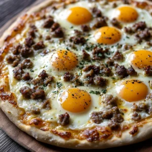Breakfast pizza topped with sausage gravy, cheese, and herbs