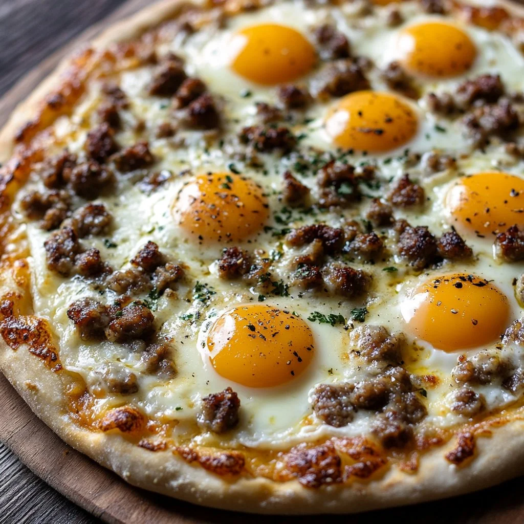 Breakfast pizza topped with sausage gravy, cheese, and herbs