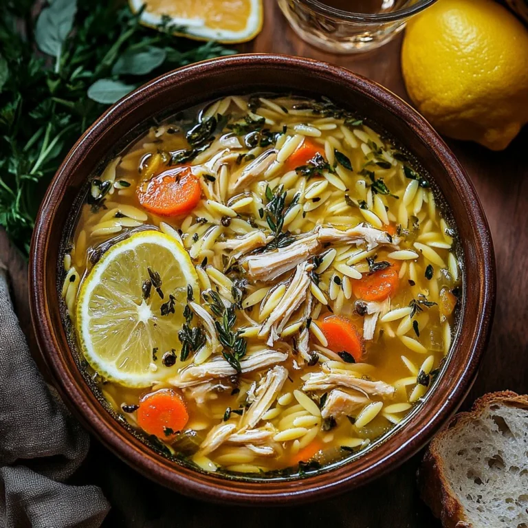 Bowl of bright lemon chicken orzo soup garnished with herbs and lemon slices.