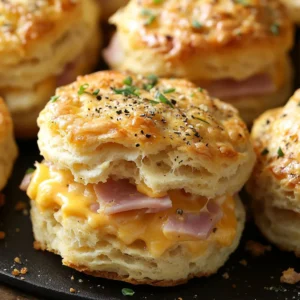 Buttered Ham and Cheese Biscuits on a plate, freshly baked and golden brown