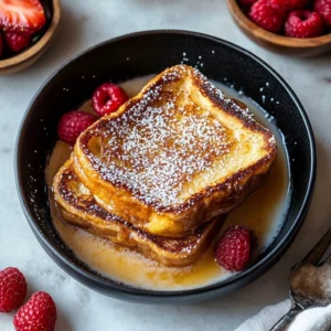 Delicious Caramel Custard French Toast served with syrup and fresh fruit.