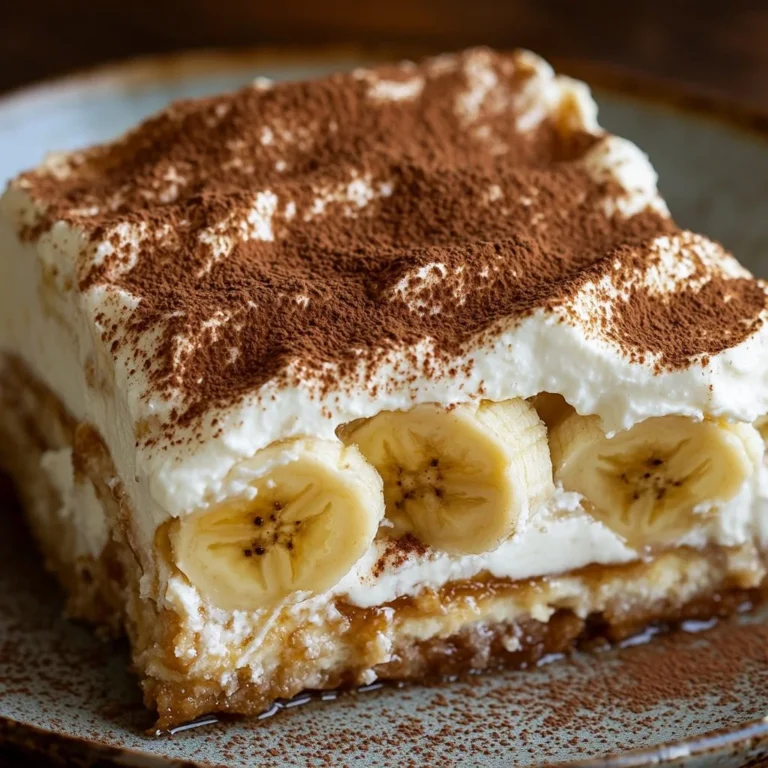 Delicious Caramel-Glazed Banana Pudding Tiramisu dessert served in a glass dish