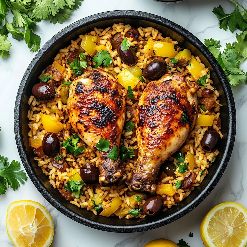 Caribbean Jerk Chicken served with rice, showcasing vibrant spices and herbs.