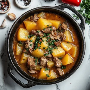 A delicious plate of Carne con Papas featuring tender meat and potatoes.