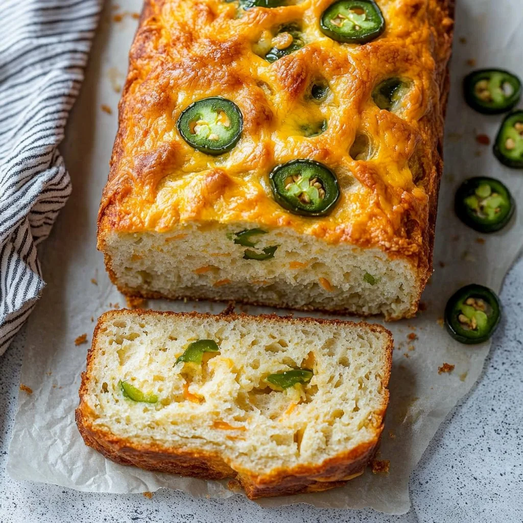 Delicious cheddar garlic jalapeño herb bread fresh out of the oven