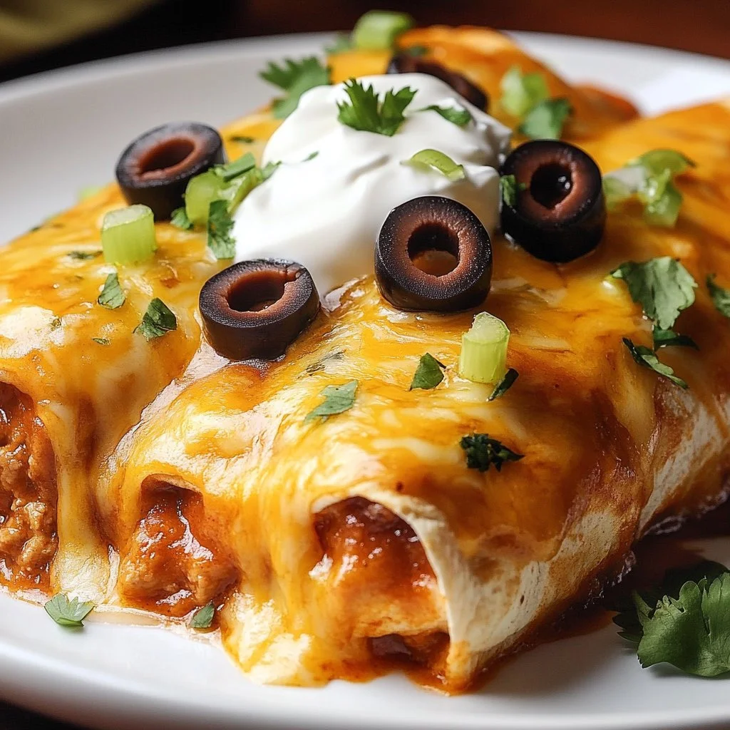 Delicious cheesy baked enchiladas topped with melted cheese and fresh herbs