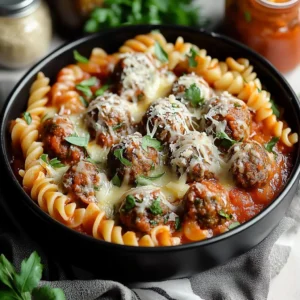 Cheesy dump-and-bake meatball casserole topped with melted cheese and herbs