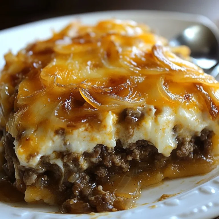 Cheesy French Onion Hamburger Bake topped with melted cheese and caramelized onions.
