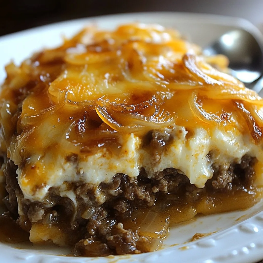 Cheesy French Onion Hamburger Bake topped with melted cheese and caramelized onions.