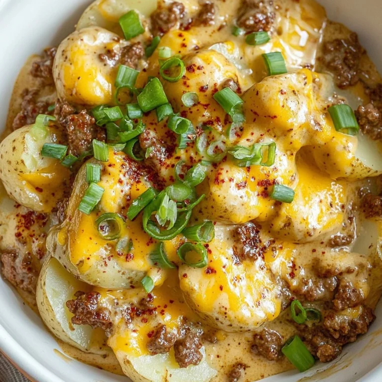 Cheesy Hamburger Potato Bake topped with melted cheese and fresh herbs