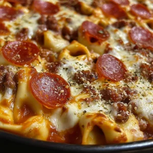 Cheesy pizza tortellini bake garnished with herbs
