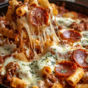 Cheesy Sausage Pizza Casserole in a baking dish, garnished with herbs.