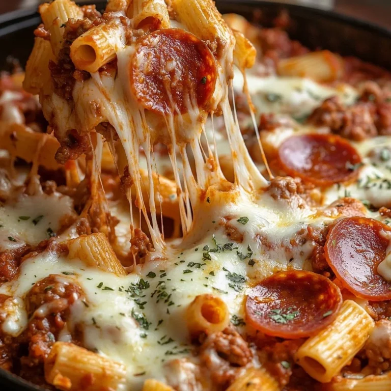 Cheesy Sausage Pizza Casserole in a baking dish, garnished with herbs.