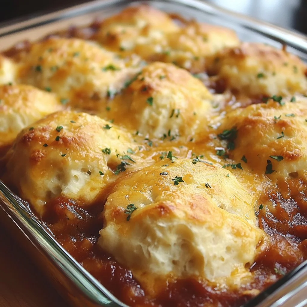 Cheesy Sloppy Joe Casserole topped with melted cheese and fresh herbs