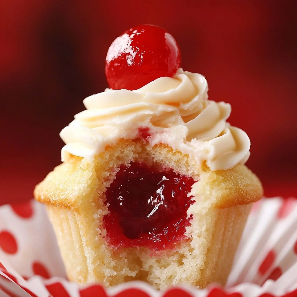 Delicious Cherry Swirled Cupcakes topped with creamy cherry frosting and fresh cherries.