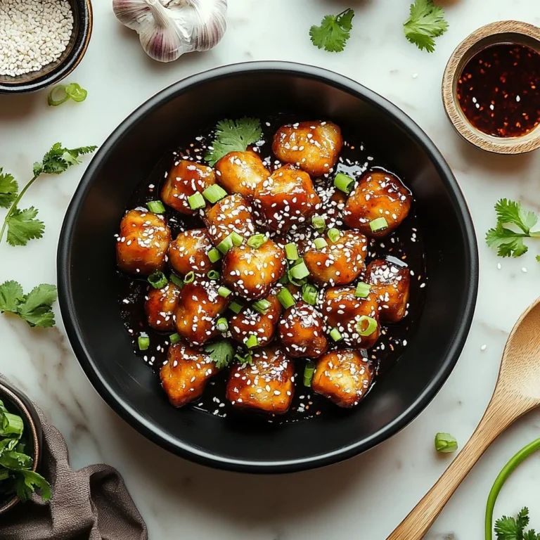 Plate of Chinese Crispy Honey Garlic Chicken garnished with sesame seeds and green onions.