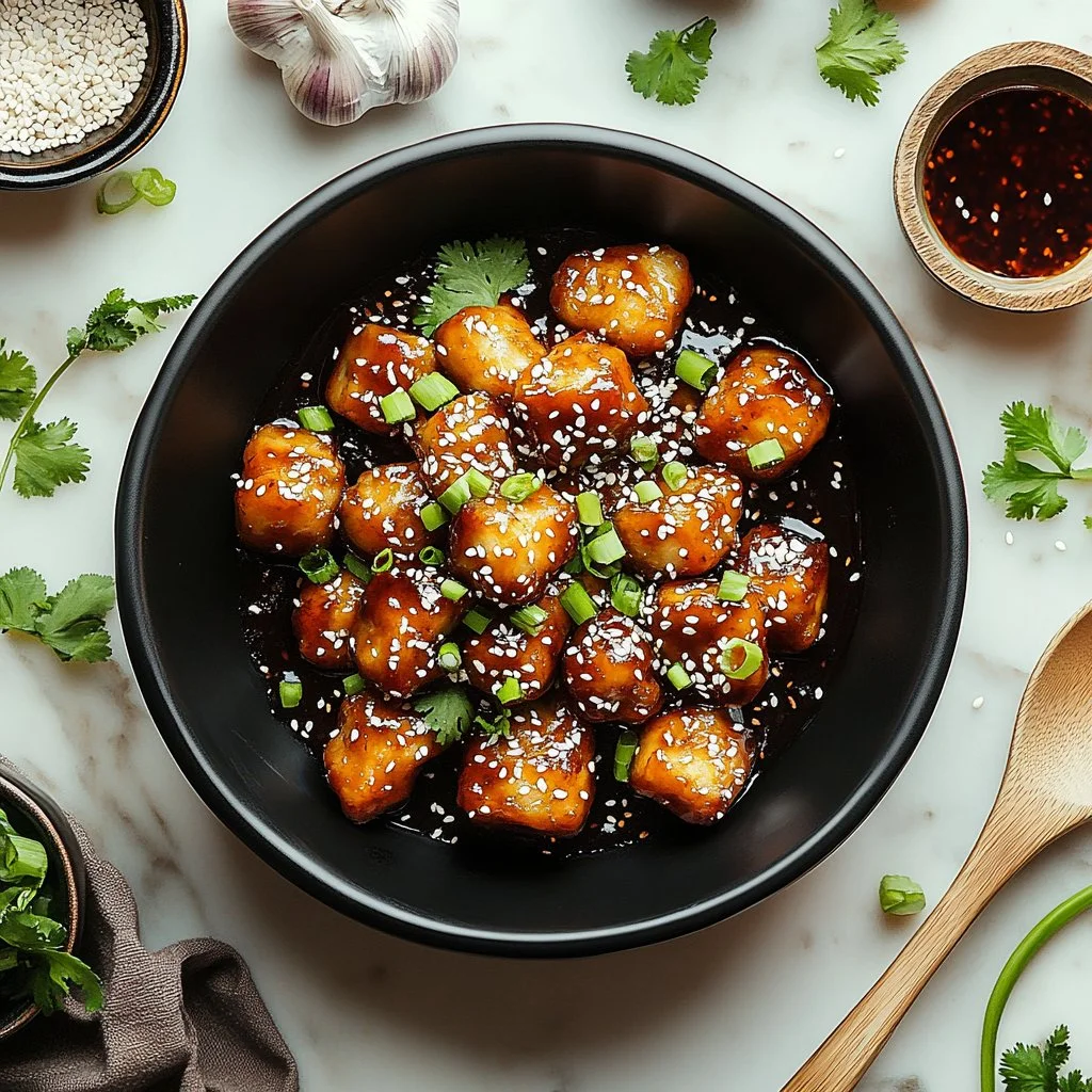 Plate of Chinese Crispy Honey Garlic Chicken garnished with sesame seeds and green onions.