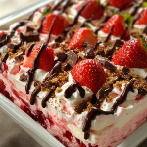 Delicious Chocolate Strawberry Poke Cake with fresh strawberries and chocolate sauce