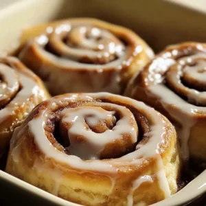 Freshly baked cinnamon rolls with icing on a wooden table