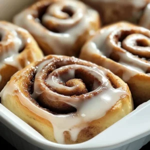 Freshly baked cinnamon rolls topped with icing on a wooden table