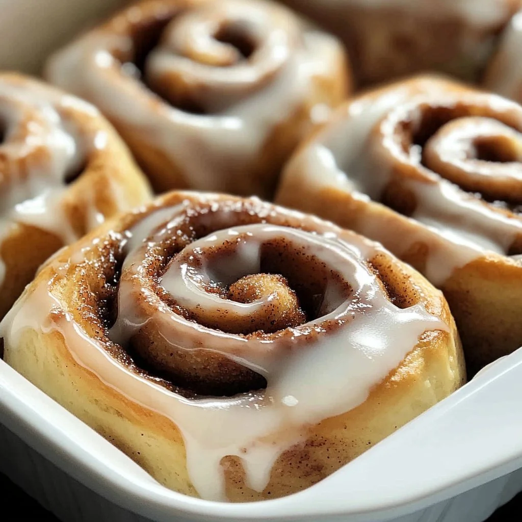 Freshly baked cinnamon rolls topped with icing on a wooden table
