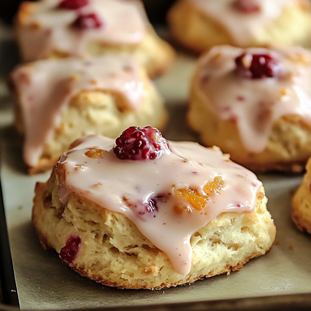 Freshly baked blood orange scones topped with citrus glaze
