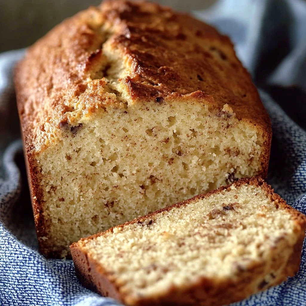 Loaf of classic banana bread freshly baked on a wooden cutting board