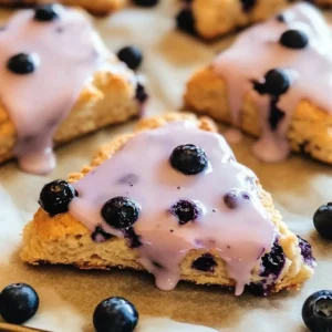 Classic berry scones topped with fresh blueberries on a wooden table