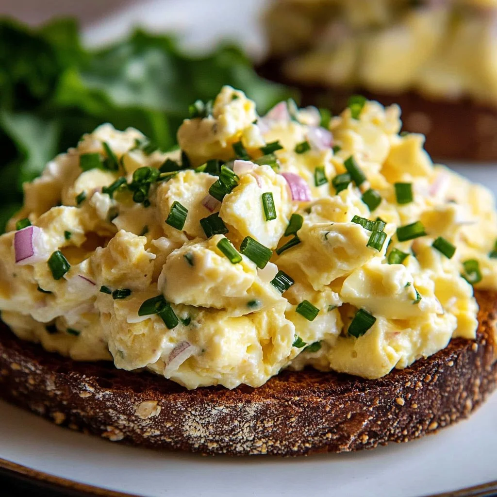 Bowl of classic egg salad with fresh herbs and ingredients