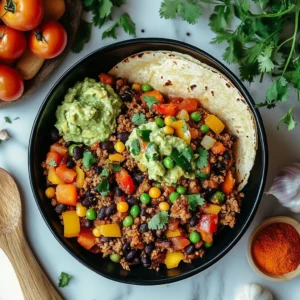 A plate of classic Mexican Picadillo served with rice and tortillas