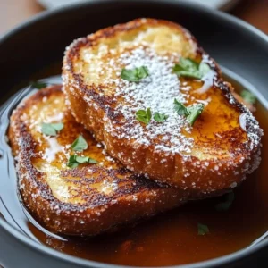 Delicious Coconut Crunch French Toast garnished with fresh fruit and syrup