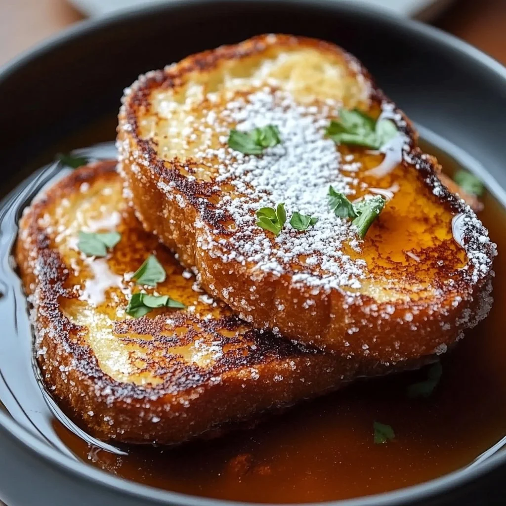 Delicious Coconut Crunch French Toast garnished with fresh fruit and syrup