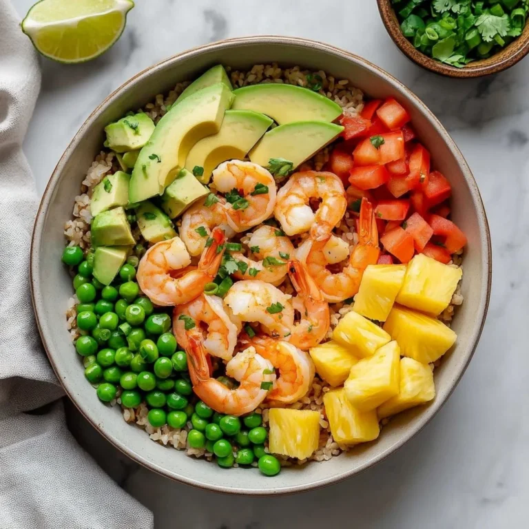 Plate of Coconut Lime Shrimp with Rice garnished with herbs and lime